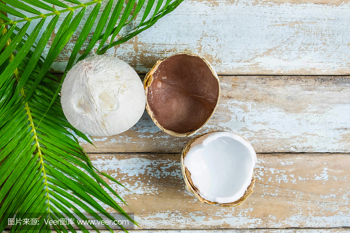 木桌上放兩個椰子和椰子葉